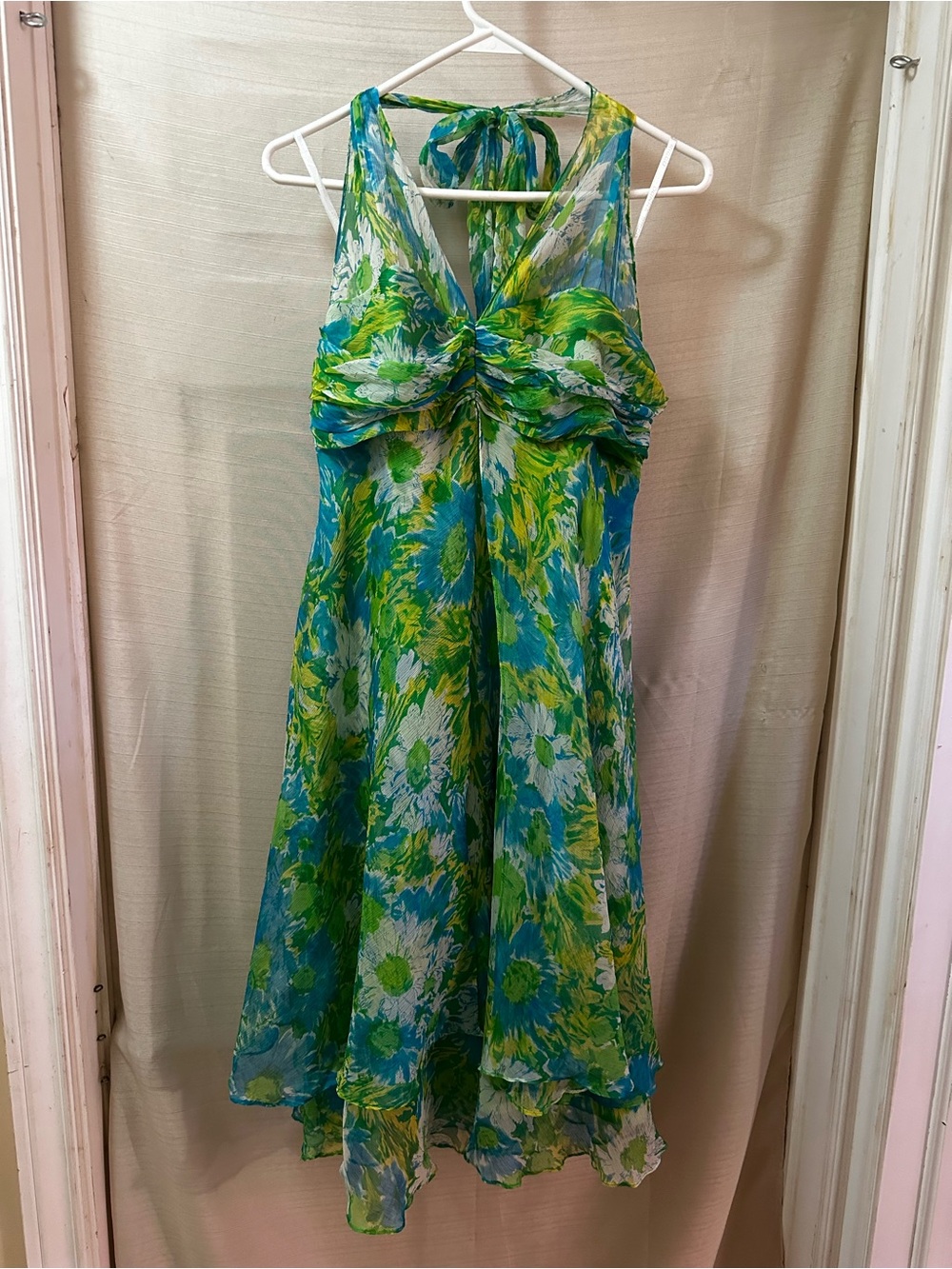 Y2K Donna Ricco 100% Silk Floral Halter Dress Chiffon Fairy Garden Party Midi